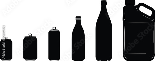 Different beverage containers silhouette vector illustration, soda cans and plastic bottles lineup, packaging design concept, drink container variety, recyclable product graphic design