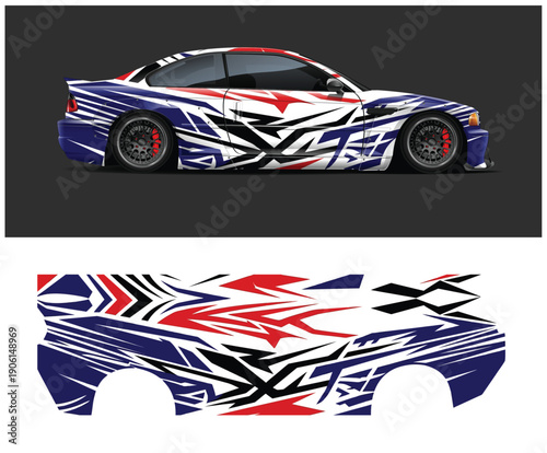 Car with abstract racing stripe design and separate decal pattern