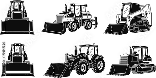 Vector illustration set of black silhouettes featuring various bulldozers, front loaders, and skid-steer loaders, representing heavy construction, earthmoving, mining, and industrial machinery icons