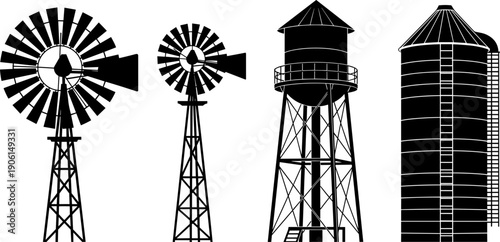 Vector illustration set of black silhouettes featuring two windmills, a water tower, and a grain silo, representing farm structures, agriculture, rural architecture, and irrigation systems icons