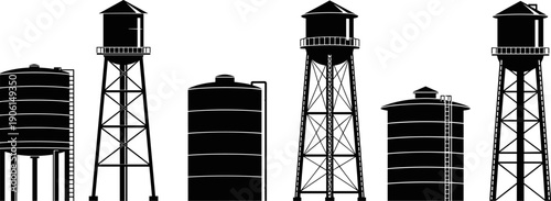 Vector illustration set of black silhouettes featuring various industrial water towers and storage tanks, symbolizing utility service, urban and rural infrastructure, water supply, and municipal icons