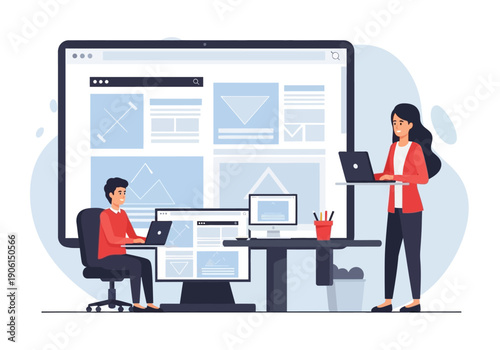 Creative team of developers and designers collaborating on website interface design and programming in a modern digital agency