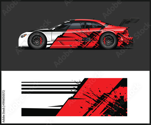 Red and white sports car with racing stripes design