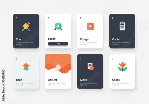 A collection of modern minimalist user interface cards featuring flat vector icons for website design and mobile app development