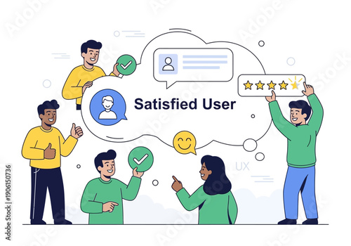 Conceptual illustration of a team celebrating positive customer feedback with five-star ratings and excellent user experience