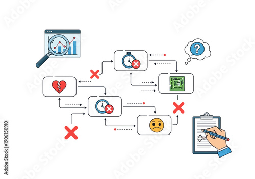 Conceptual illustration of a business process analysis showing workflow failures, project obstacles, and strategic planning