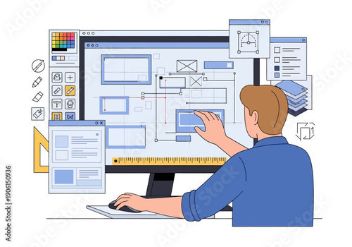 Vector illustration of a developer building a responsive webpage prototype using graphic design software tools