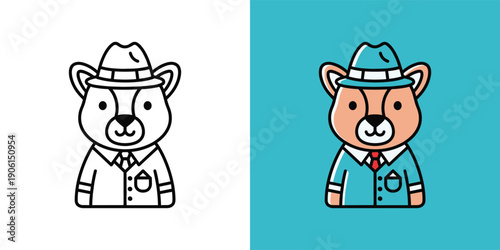 Elegant cartoon bear mascot in a fedora hat and suit, depicted as a stylish character or professional icon, perfect for branding ventures