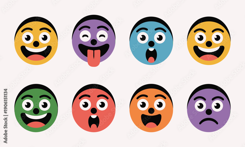 Fototapeta premium Colorful cartoon faces with various happy and surprised expressions