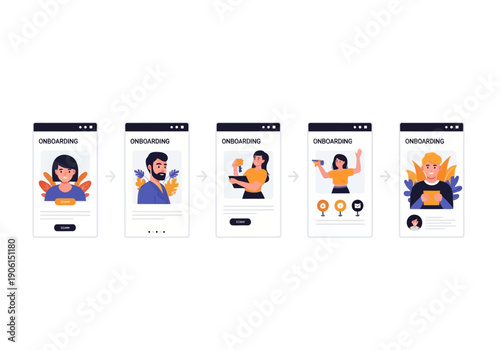 Vector illustration set of mobile app onboarding screens with character avatars and user interface elements