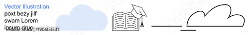 Online learning, education, knowledge sharing, digital library, e-learning, academic success. Open book with a graduation cap, abstract cloud icons. Online learning and education concepts
