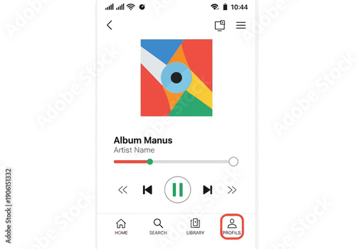User interface design for a modern mobile music streaming service application with playback controls and profile navigation vector illustration