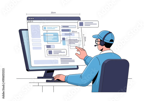 A male UI designer wearing a headset while meticulously planning a website layout and user interface on a computer