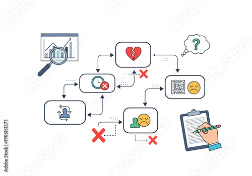 Infographic flowchart showing the analysis of a failed process and customer dissatisfaction