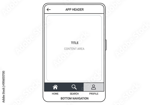 Minimalist mobile application wireframe layout for UI and UX design projects, showcasing a user interface with a bottom navigation bar