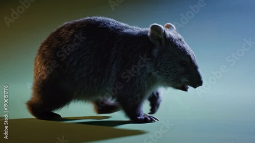 Furry Common Wombat Walking Across a Minimalist Studio Background with Colorful Light