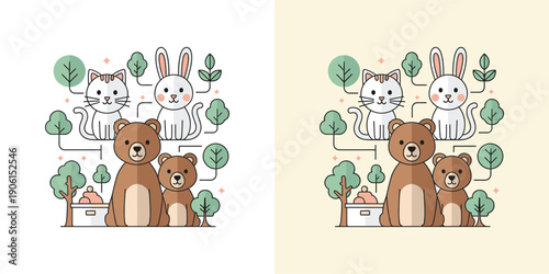 Charming cartoon forest friends illustration featuring a cat, two rabbits, and two bears in a peaceful natural setting, perfect for children's books and educational content