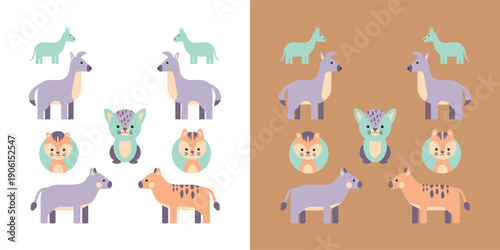 Collection of flat design animal characters in pastel colors, featuring alpacas, mythical creatures, and boars, offered on contrasting white and brown backgrounds