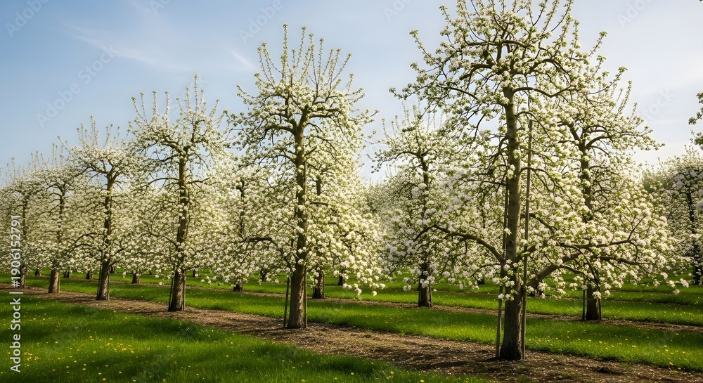 Obraz premium Vibrant spring orchard panorama showcasing elegant fruit trees laden with delicate white blossoms under a clear sky, symbolizing growth and renewal