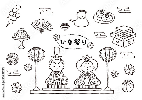 ひな祭り素材のモノクロ線画セット