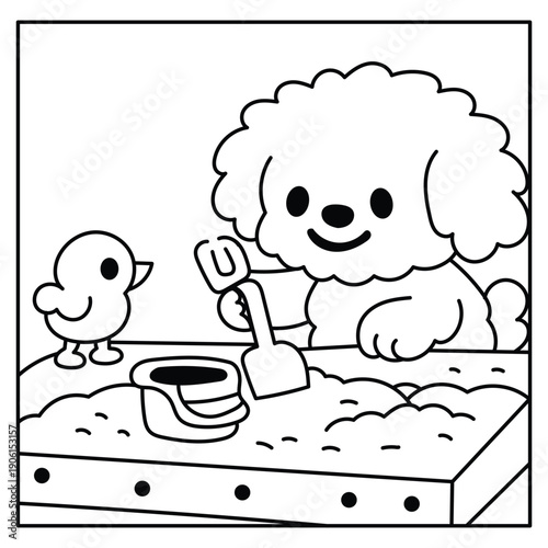Cute puppy and little chick playing in a sandbox with bucket and shovel, coloring page for kids.