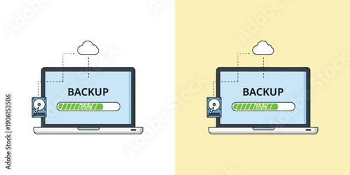 Digital data backup and synchronization process illustration showcasing a laptop connected to cloud storage and an ex