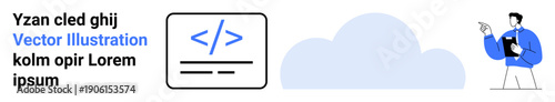 Technology, cloud services, programming, data management, IT solutions, coding. A code symbol next to a cloud and a professional figure explaining or analyzing data. Cloud services and programming