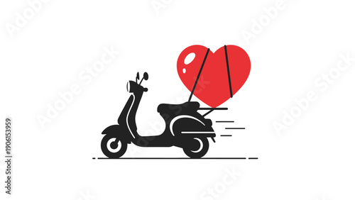 Black scooter with heart shaped balloon.