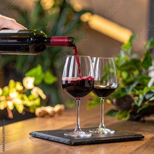 Pouring red wine into two elegant glasses on a wooden table with a blurred background.