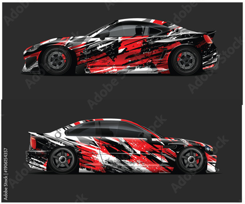 Red black and white sports car side views