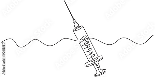 A simple line art illustration of a medical syringe partially submerged in wavy water. Vector, illustration