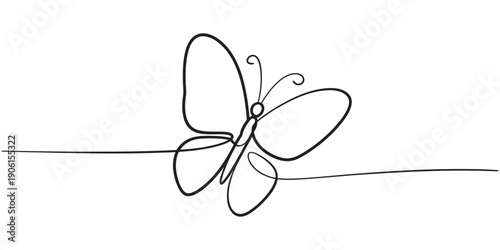 Simple minimalist continuous line drawing of a butterfly isolated on a white background Vector, illustration