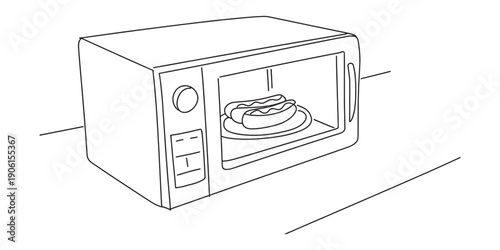 A simple black and white line drawing of a microwave oven with food on a plate inside. Vector, illustration