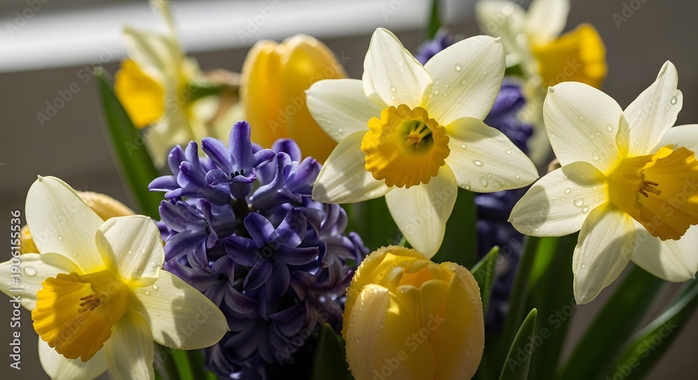 custom made wallpaper toronto digitalA close-up view of vibrant flowers including daffodils and hyacinths in a bouquet, captured in natural daylight