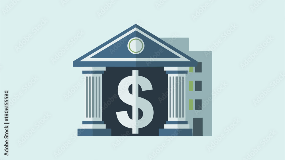 Obraz premium Modern Flat Design Illustration of a Bank Building Featuring a Prominent Dollar Sign Symbol for Finance and Economy