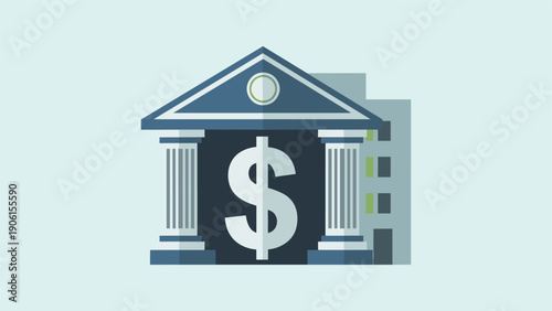 Modern Flat Design Illustration of a Bank Building Featuring a Prominent Dollar Sign Symbol for Finance and Economy