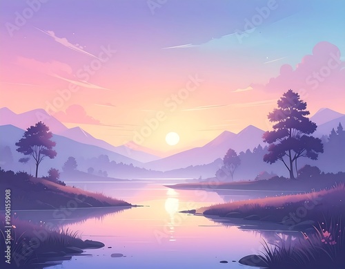 Serene landscape of a sunset over a tranquil lake, framed by mountains and trees