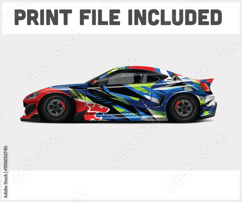 Side view of a colorful sports car with a vibrant paint job