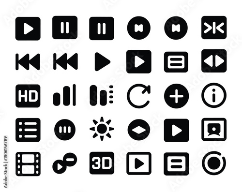 Media player icon set, play, pause, stop, next, previous, volume, and control buttons isolated on white background for music players, video streaming apps, UI/UX interfaces, and digital 
