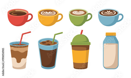 Variety of hot and cold coffee drinks in colorful cups and bottles
