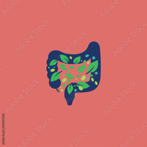 A stylized dark blue human intestine filled with green leaves and colorful dots represents a healthy, plant-based diet for gut wellness, on a coral background.