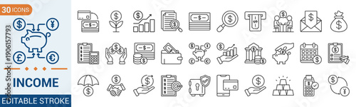 Income Outline style editable icon set. Profit, earning, money, tax, salary, wage, pay, accounting, and more. Illustration Eps 10