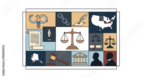 Collage of legal and historical symbols representing justice, law, and civil rights in the United States.