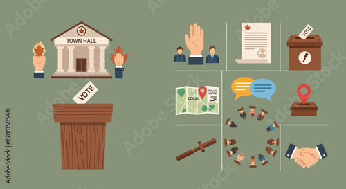Illustration of voting process elements including a ballot box, voting booth, town hall, and various symbols representing civic engagement and democratic participation.