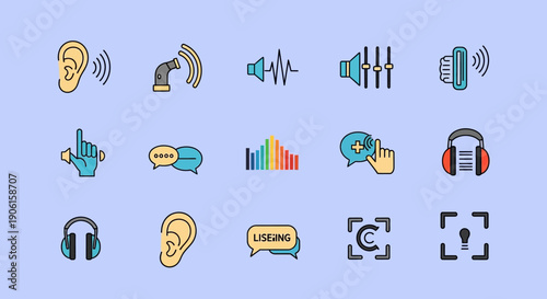 Collection of icons representing sound, hearing, communication, and audio technology, including ears, sound waves, headphones, and speech bubbles.