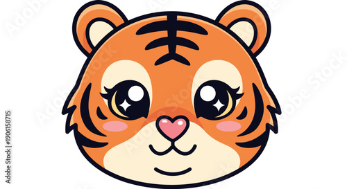 Adorable Cartoon Tiger Face with Heart Nose.