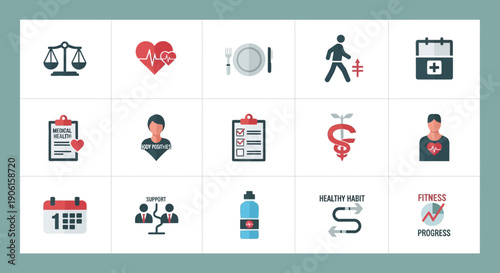 Collection of icons representing health, fitness, and medical concepts, including a heart, scales, a first aid kit, and a calendar.