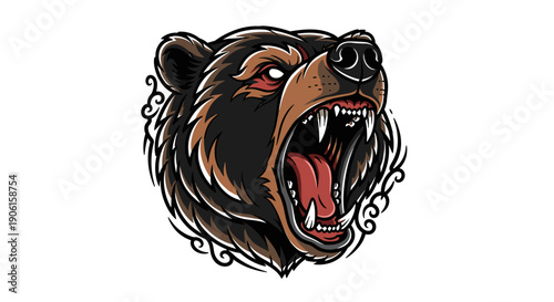 Aggressive Bear Head Illustration with Open Mouth.