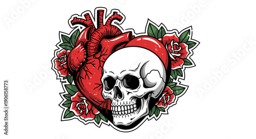 Anatomical Heart Skull with Roses Illustration.