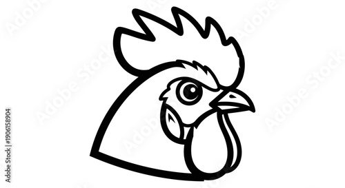 Black and White Cartoon Rooster Head.